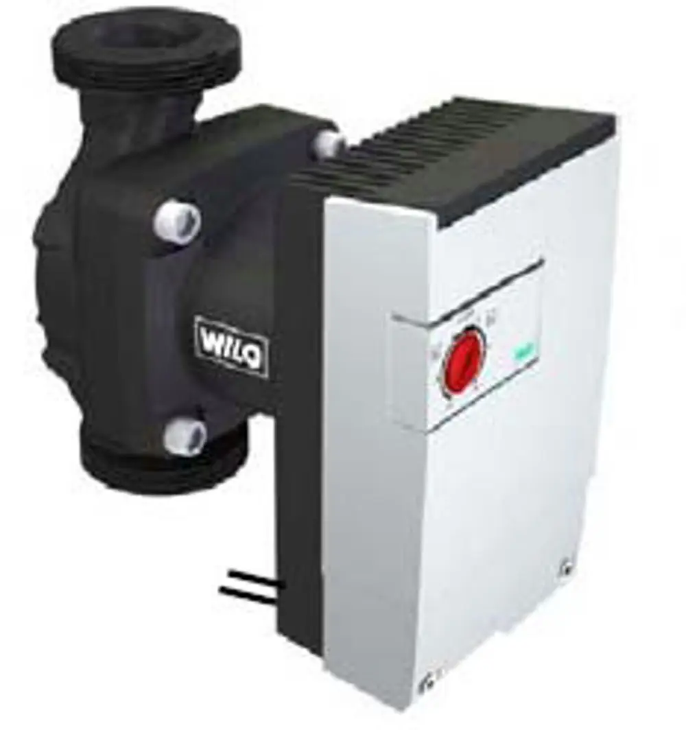 Heizungspumpe mit schwarzem Kunststoffgehäuse und silbernem Bedienfeld, produziert von Wilo. Geeignet für Heizsysteme bis 155 kW.
